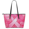 Breast Cancer Awareness Ribbon Print Leather Tote Bag With Zipper