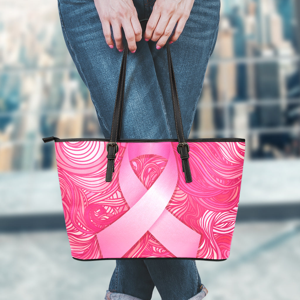 Breast Cancer Awareness Ribbon Print Leather Tote Bag