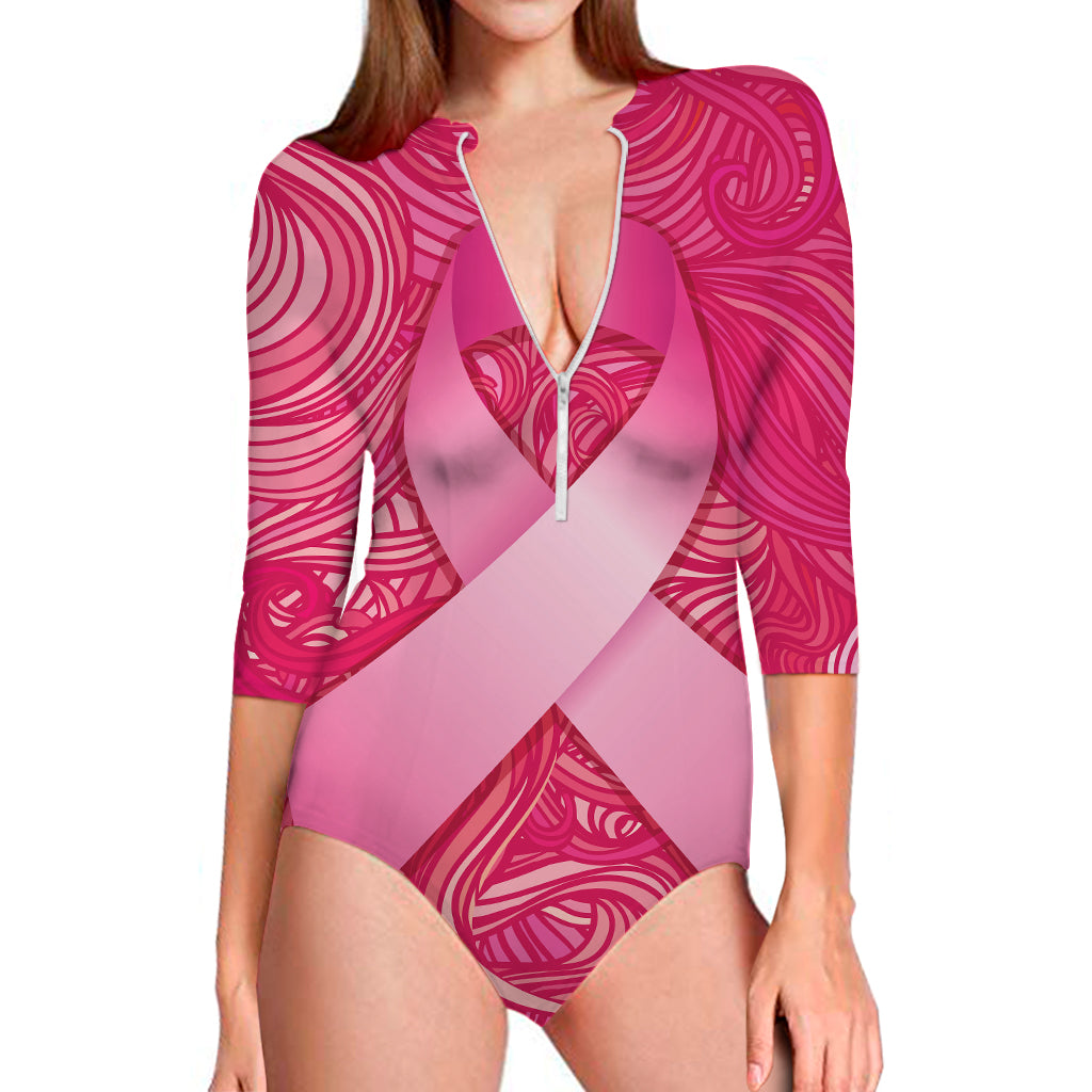 Breast Cancer Awareness Ribbon Print Long Sleeve Swimsuit