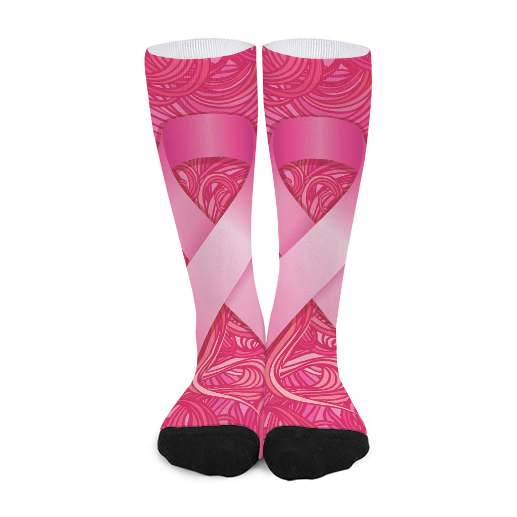 Breast Cancer Awareness Ribbon Print Long Socks