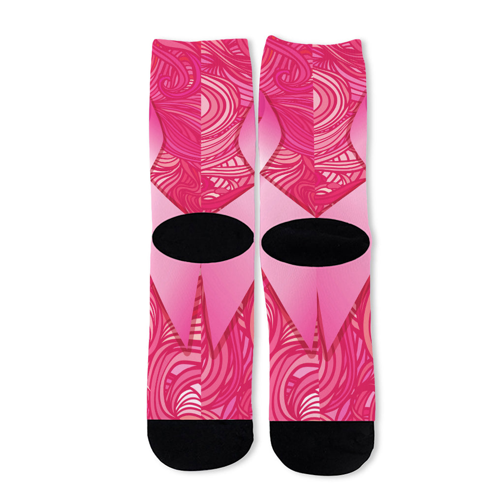 Breast Cancer Awareness Ribbon Print Long Socks