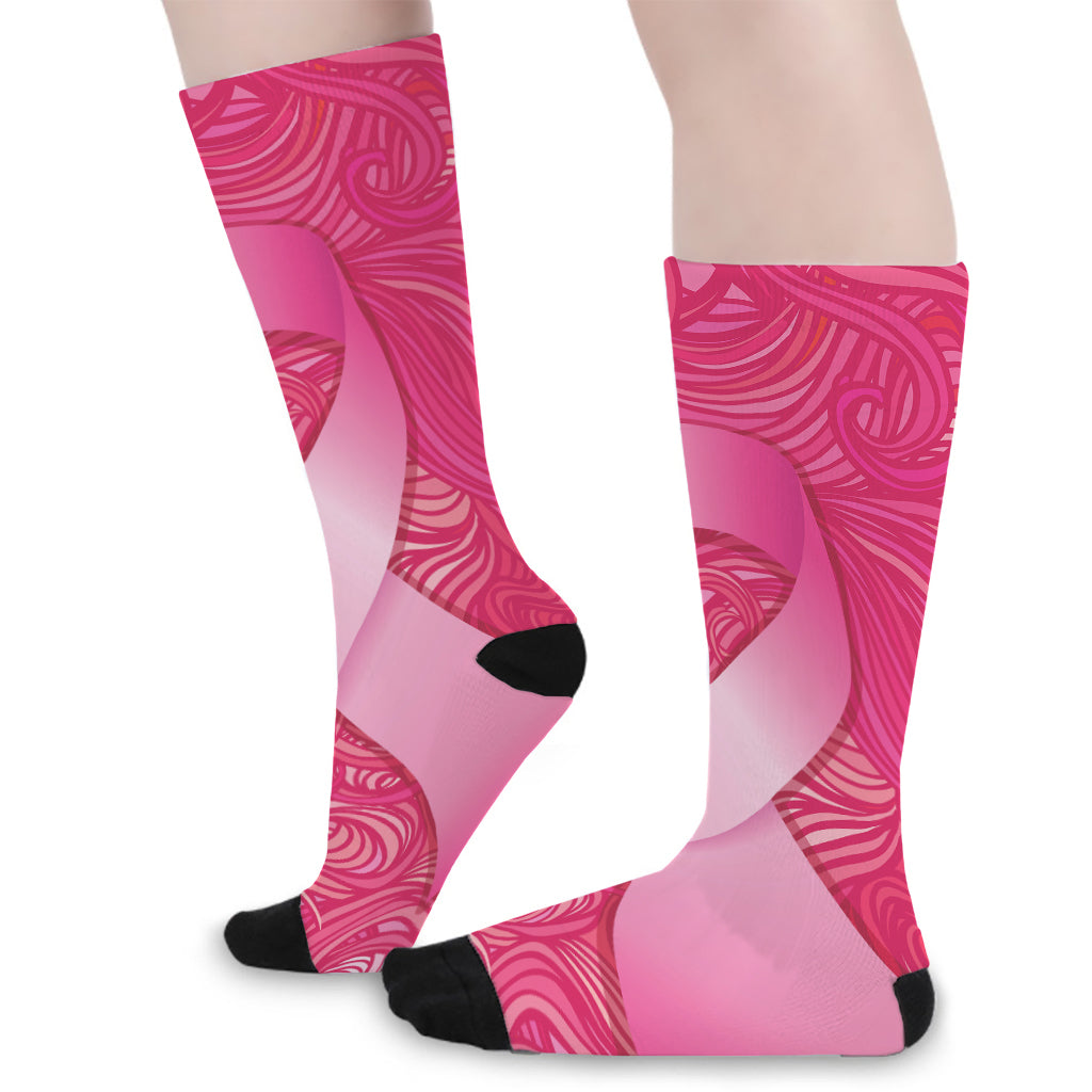 Breast Cancer Awareness Ribbon Print Long Socks