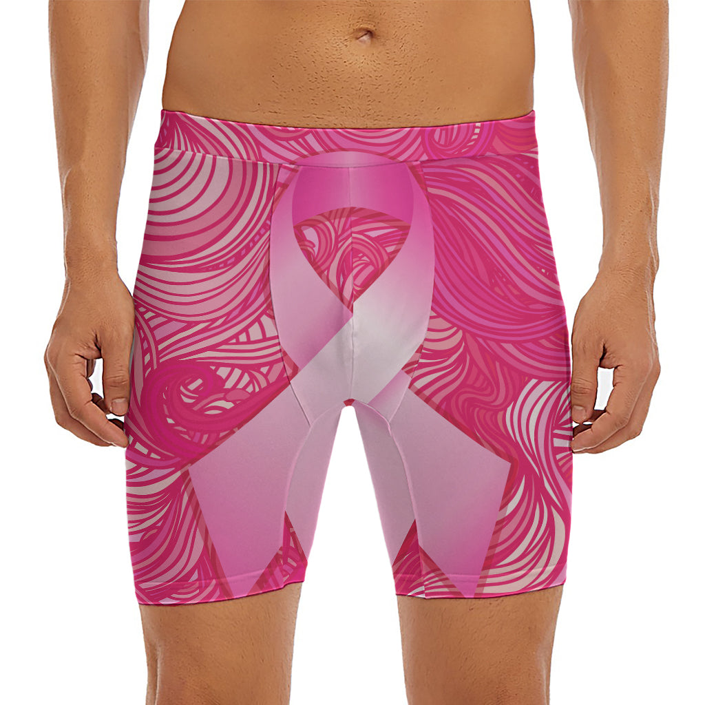 Breast Cancer Awareness Ribbon Print Men's Long Boxer Briefs