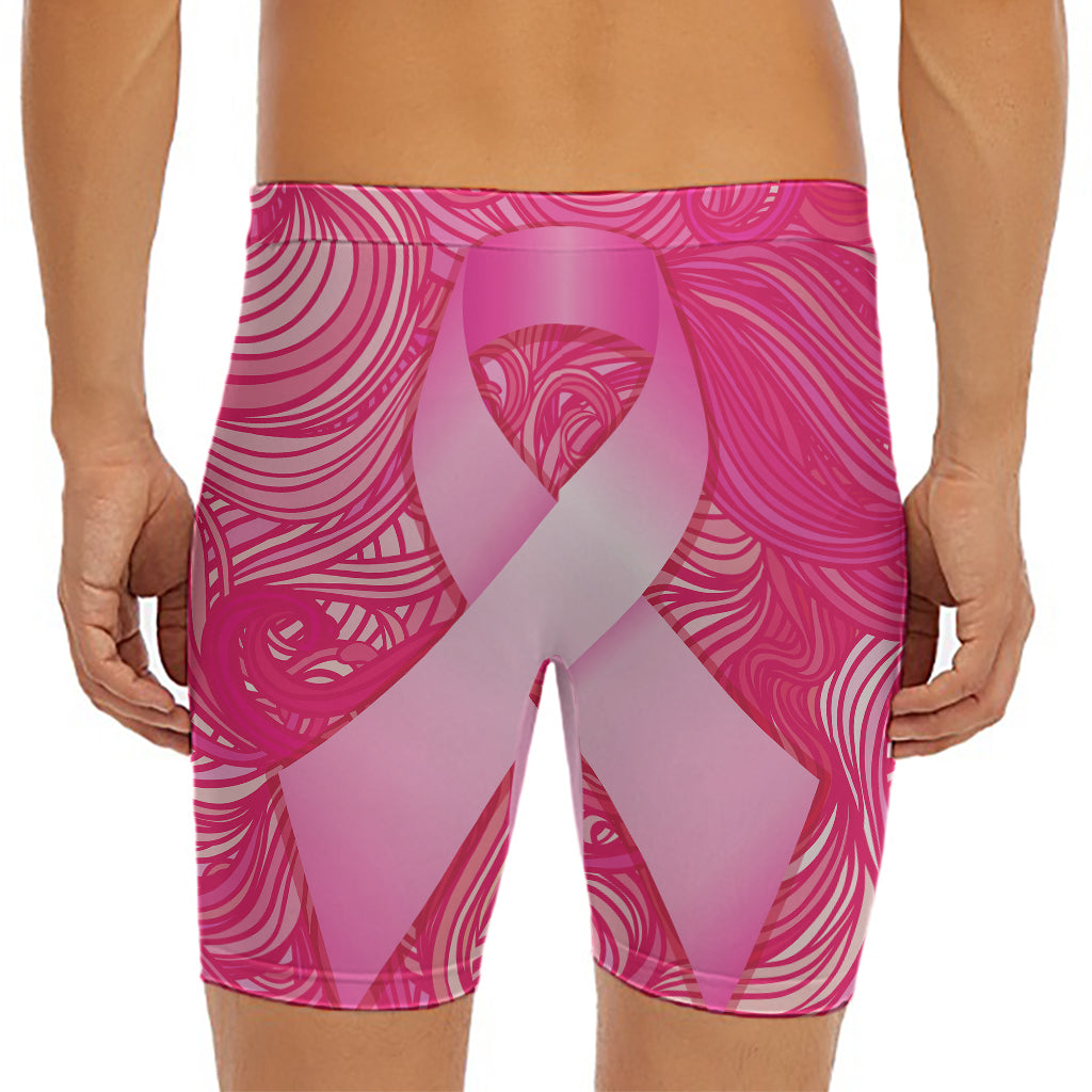 Breast Cancer Awareness Ribbon Print Men's Long Boxer Briefs