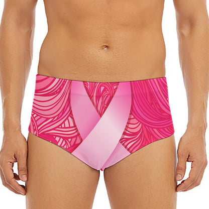 Breast Cancer Awareness Ribbon Print Men's Triangle Swim Briefs