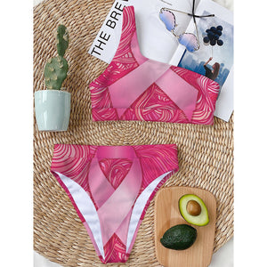 Breast Cancer Awareness Ribbon Print One Shoulder Bikini Top