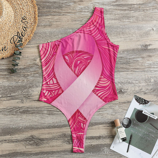 Breast Cancer Awareness Ribbon Print One Shoulder Bodysuit