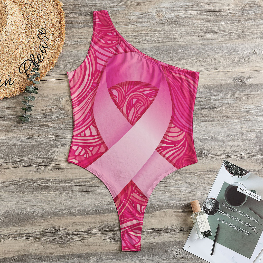 Breast Cancer Awareness Ribbon Print One Shoulder Bodysuit