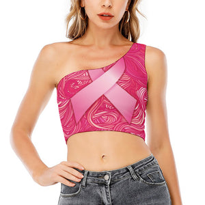 Breast Cancer Awareness Ribbon Print One Shoulder Crop Top