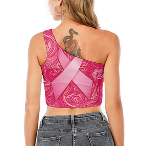 Breast Cancer Awareness Ribbon Print One Shoulder Crop Top