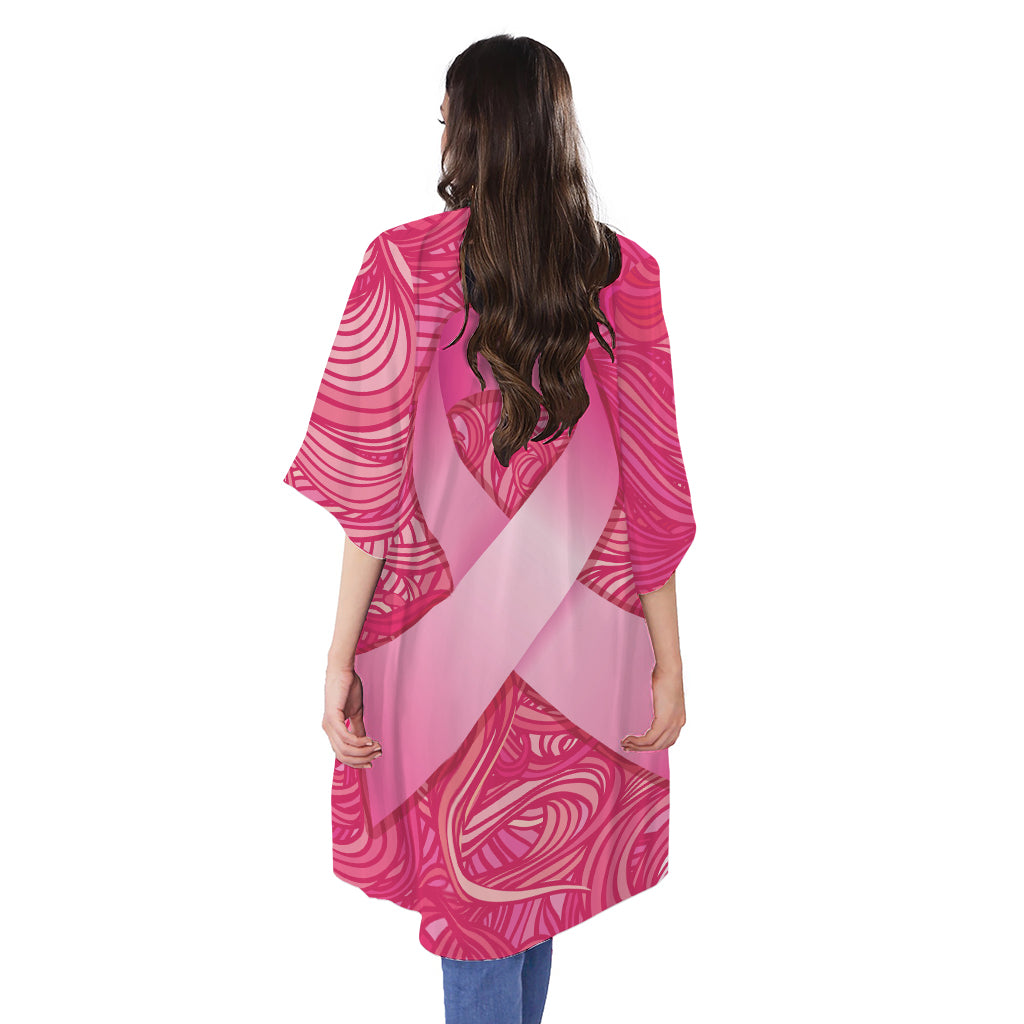 Breast Cancer Awareness Ribbon Print Open Front Beach Cover Up