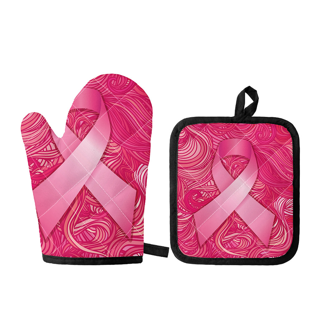 Breast Cancer Awareness Ribbon Print Oven Mitt And Pot Holder Set