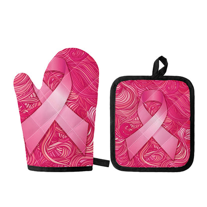 Breast Cancer Awareness Ribbon Print Oven Mitt And Pot Holder Set
