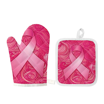 Breast Cancer Awareness Ribbon Print Oven Mitt And Pot Holder Set