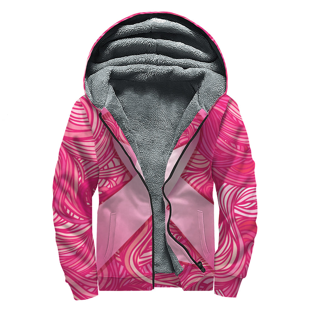 Breast Cancer Awareness Ribbon Print Sherpa Lined Zip Up Hoodie