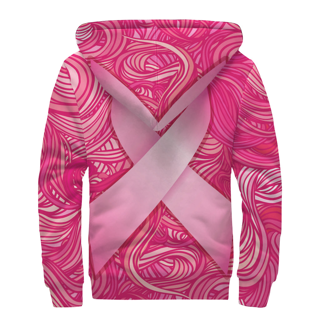 Breast Cancer Awareness Ribbon Print Sherpa Lined Zip Up Hoodie