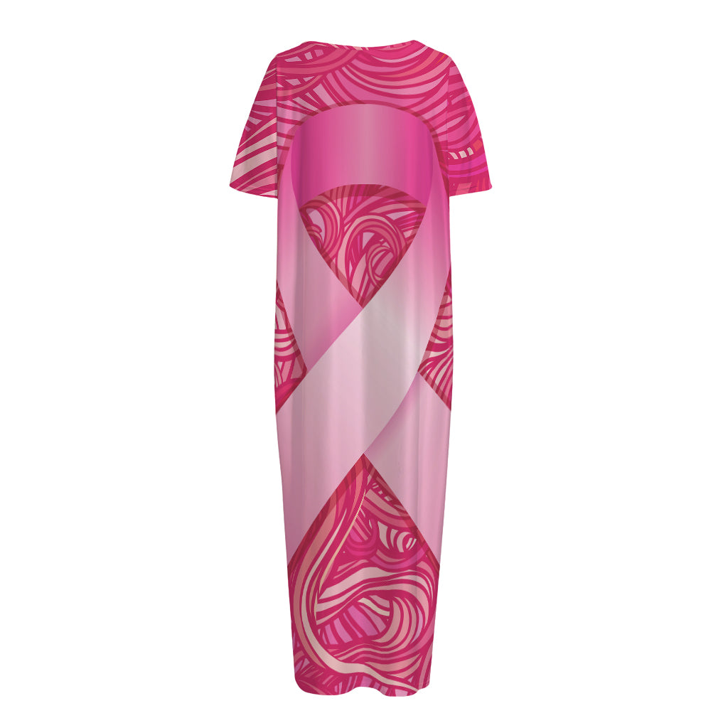 Breast Cancer Awareness Ribbon Print Short Sleeve Long Nightdress