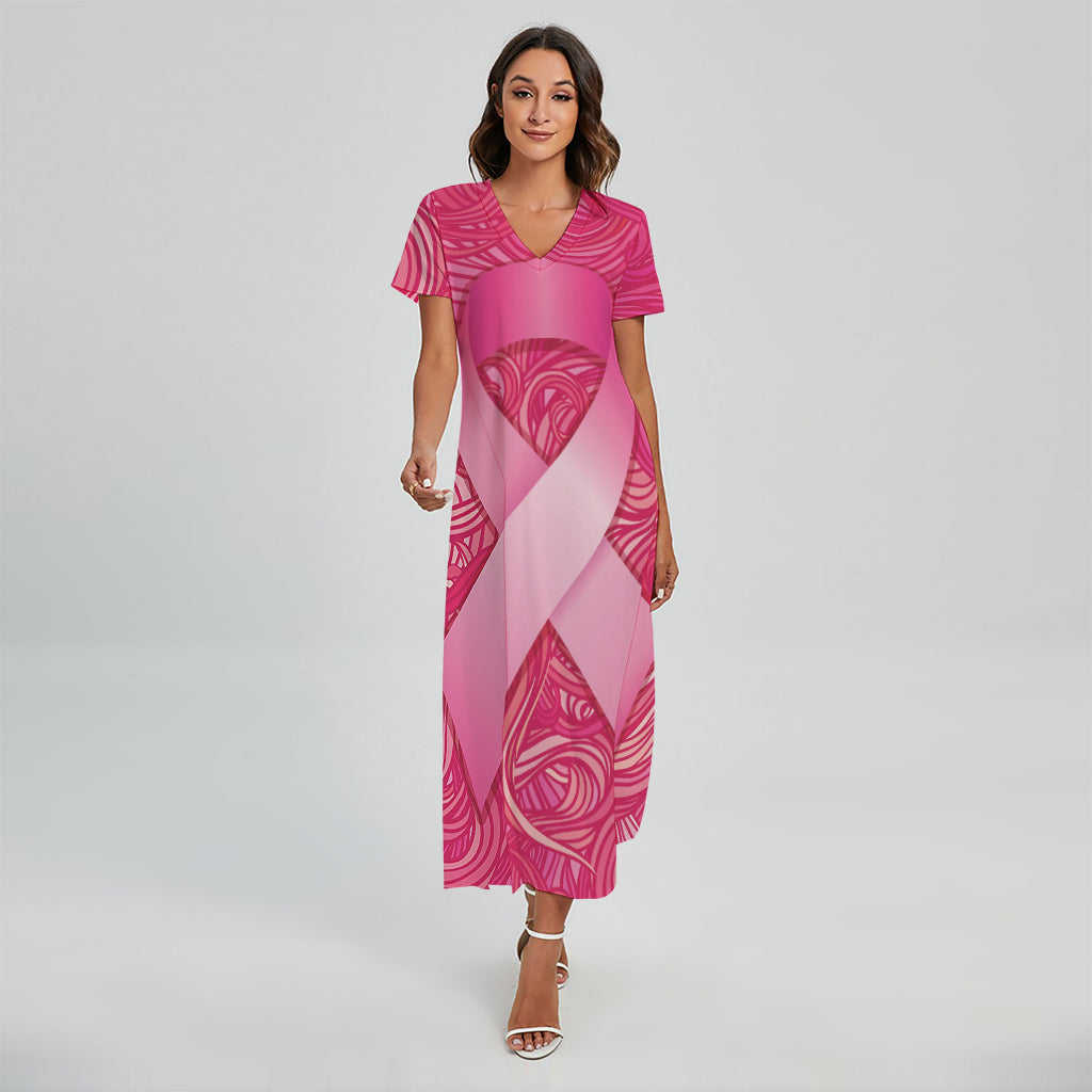 Breast Cancer Awareness Ribbon Print Short Sleeve Maxi Dress