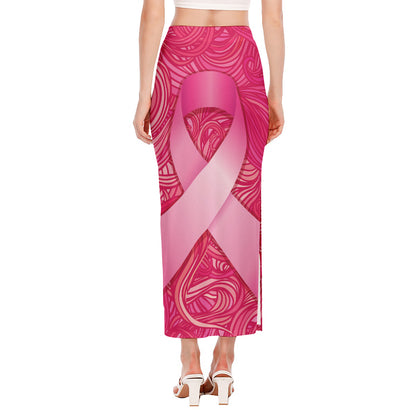 Breast Cancer Awareness Ribbon Print Side Slit Maxi Skirt