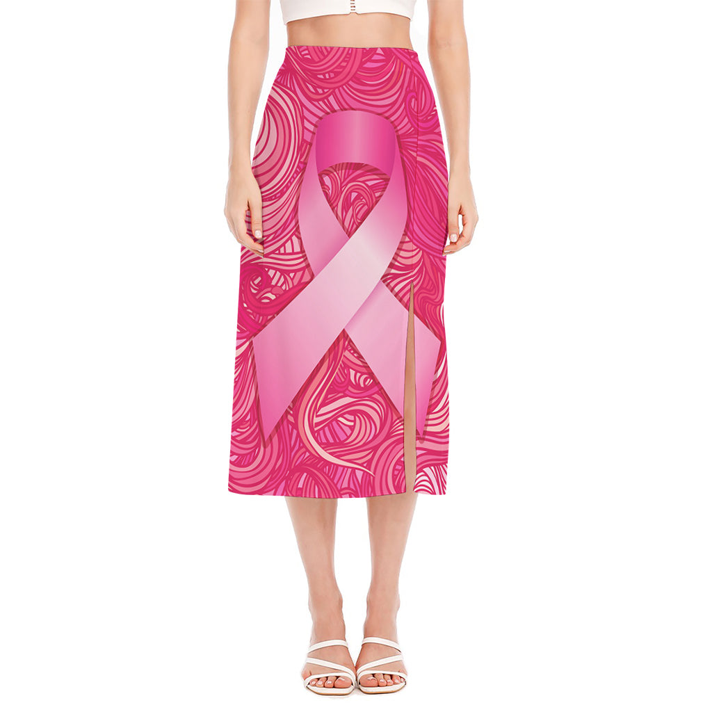 Breast Cancer Awareness Ribbon Print Side Slit Midi Skirt