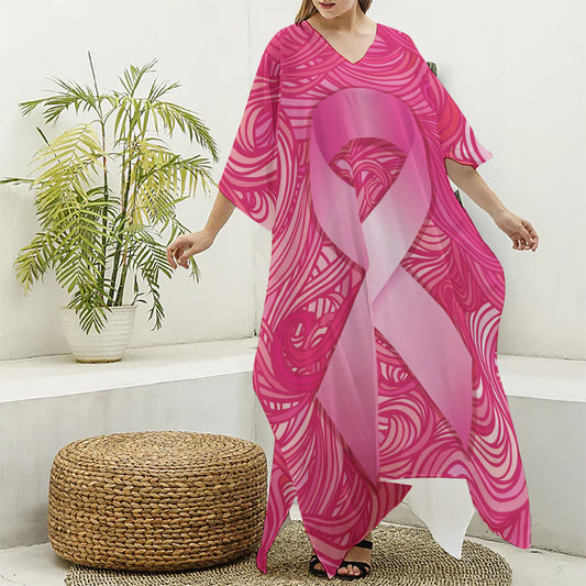 Breast Cancer Awareness Ribbon Print Silk V-Neck Kaftan Dress