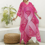 Breast Cancer Awareness Ribbon Print Silk V-Neck Kaftan Dress