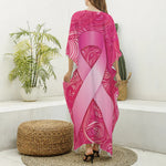 Breast Cancer Awareness Ribbon Print Silk V-Neck Kaftan Dress