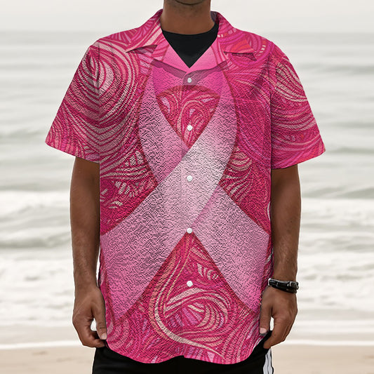 Breast Cancer Awareness Ribbon Print Textured Short Sleeve Shirt