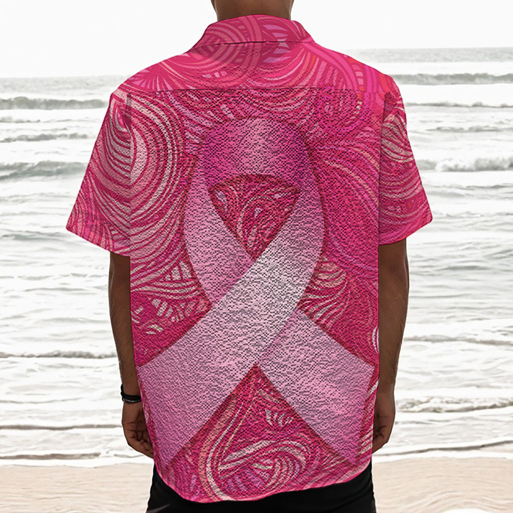 Breast Cancer Awareness Ribbon Print Textured Short Sleeve Shirt