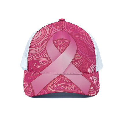 Breast Cancer Awareness Ribbon Print White Mesh Trucker Cap