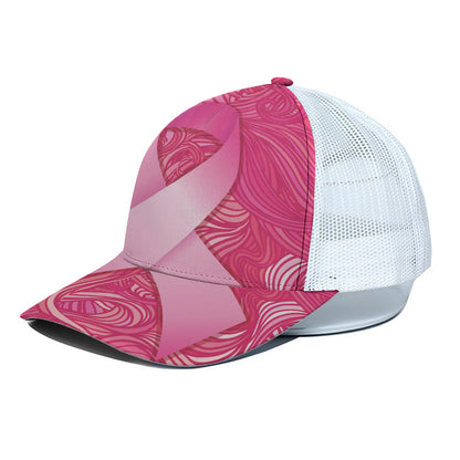 Breast Cancer Awareness Ribbon Print White Mesh Trucker Cap