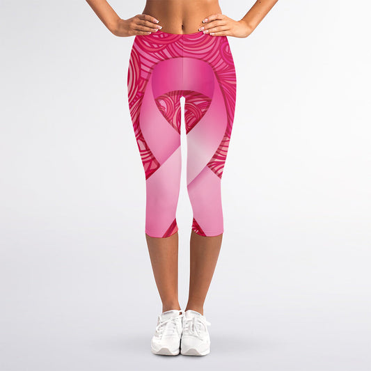 Breast Cancer Awareness Ribbon Print Women's Capri Leggings