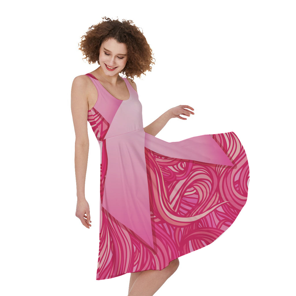 Breast Cancer Awareness Ribbon Print Women's Sleeveless Dress