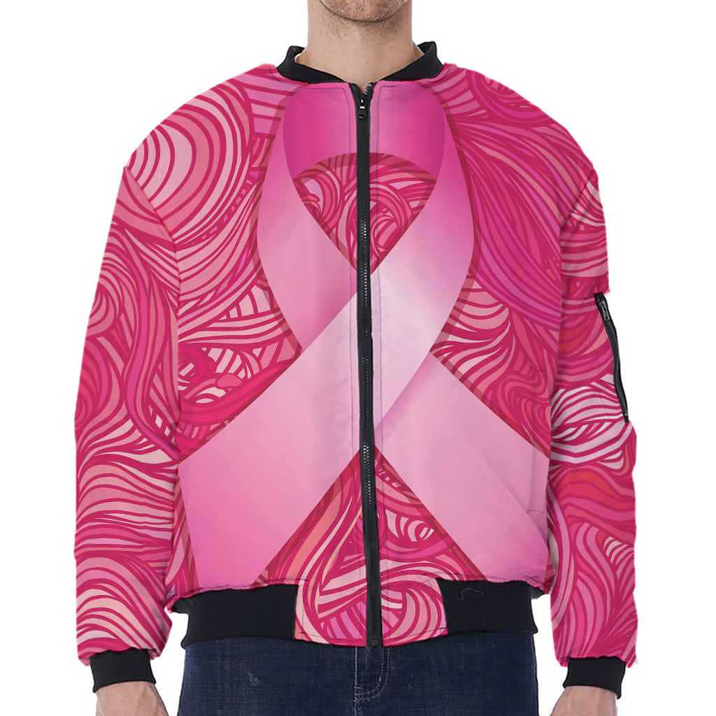 Breast Cancer Awareness Ribbon Print Zip Sleeve Bomber Jacket
