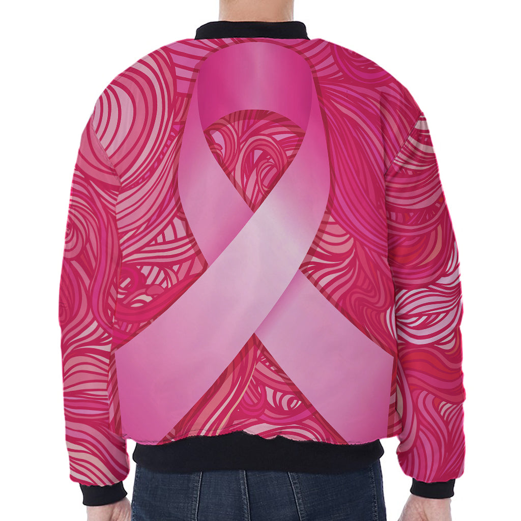 Breast Cancer Awareness Ribbon Print Zip Sleeve Bomber Jacket