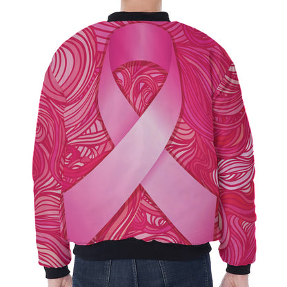 Breast Cancer Awareness Ribbon Print Zip Sleeve Bomber Jacket