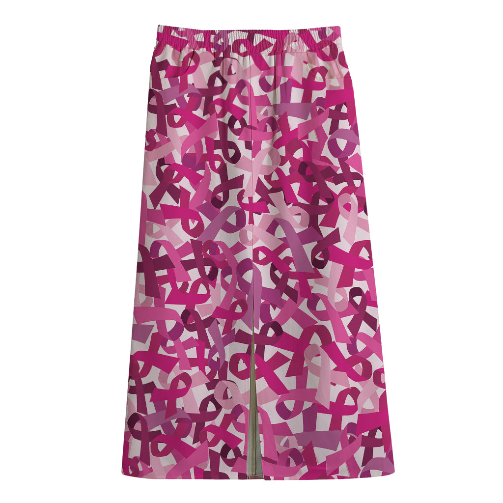 Breast Cancer Awareness Symbol Print Cotton Front Slit Maxi Skirt