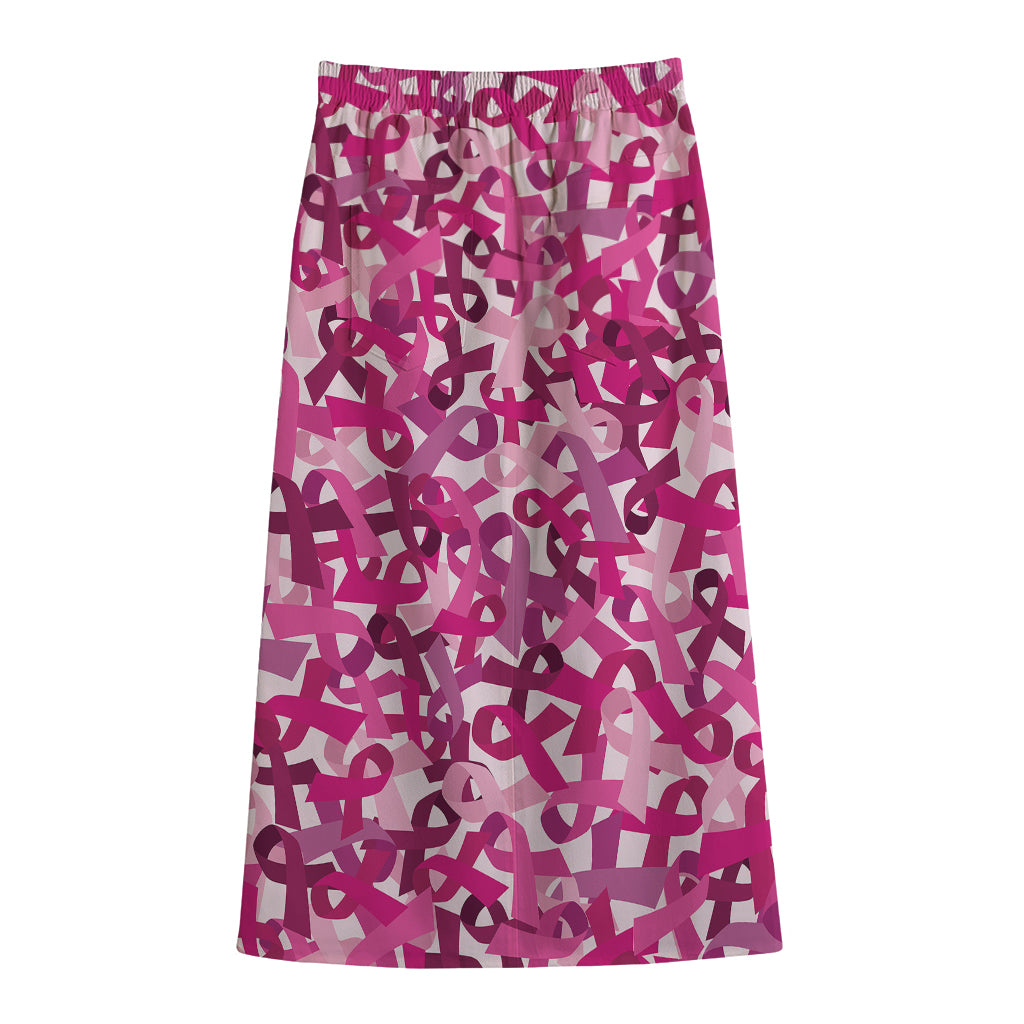 Breast Cancer Awareness Symbol Print Cotton Front Slit Maxi Skirt