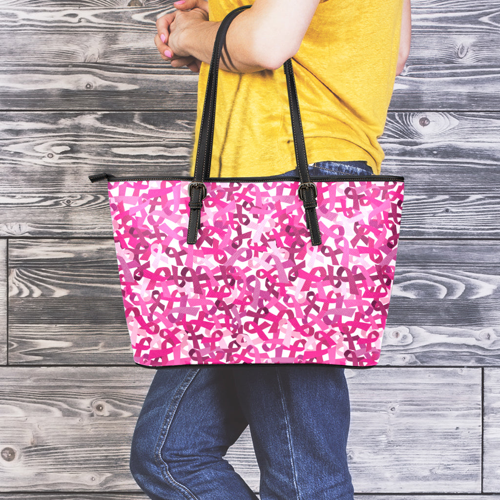 Breast Cancer Awareness Symbol Print Leather Tote Bag