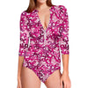 Breast Cancer Awareness Symbol Print Long Sleeve Swimsuit