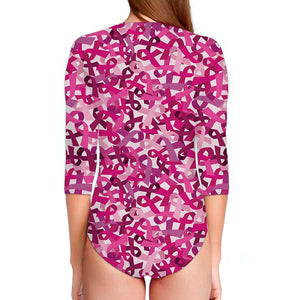 Breast Cancer Awareness Symbol Print Long Sleeve Swimsuit
