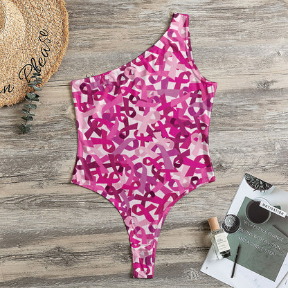 Breast Cancer Awareness Symbol Print One Shoulder Bodysuit