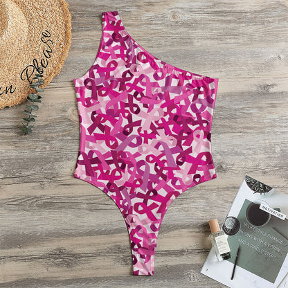 Breast Cancer Awareness Symbol Print One Shoulder Bodysuit