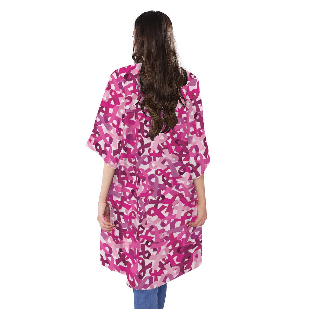 Breast Cancer Awareness Symbol Print Open Front Beach Cover Up