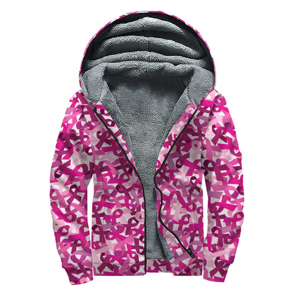 Breast Cancer Awareness Symbol Print Sherpa Lined Zip Up Hoodie