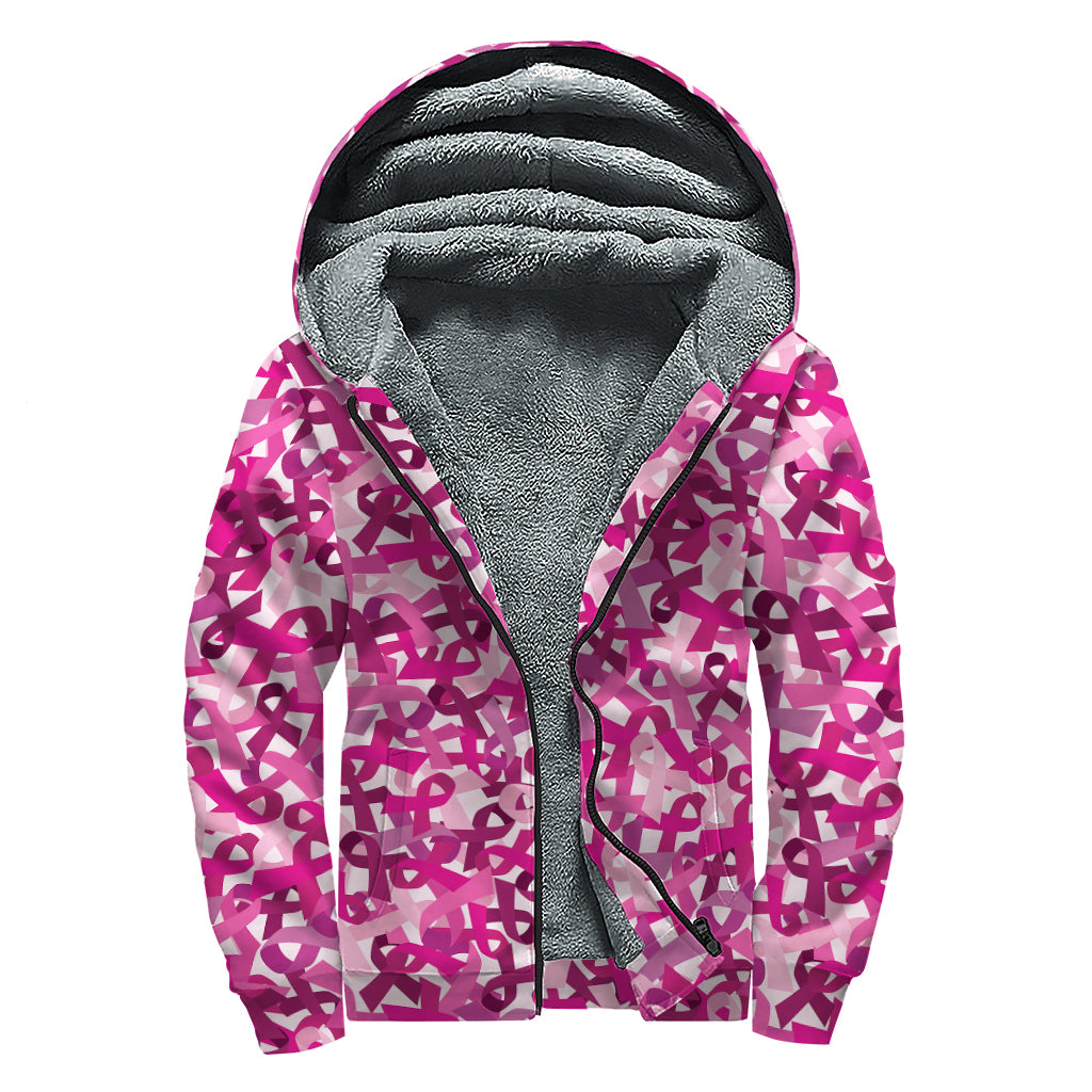 Breast Cancer Awareness Symbol Print Sherpa Lined Zip Up Hoodie