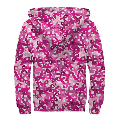 Breast Cancer Awareness Symbol Print Sherpa Lined Zip Up Hoodie