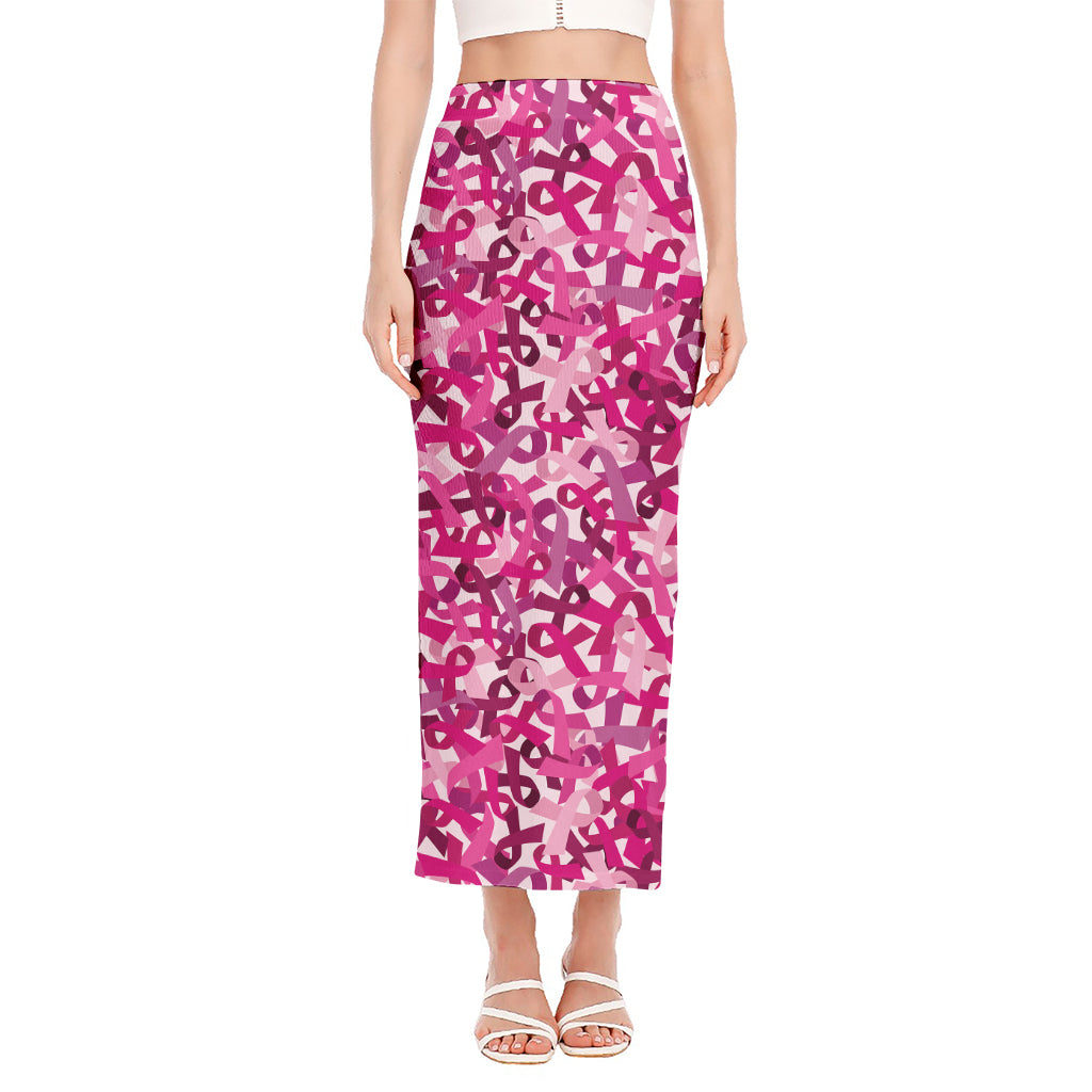 Breast Cancer Awareness Symbol Print Side Slit Maxi Skirt