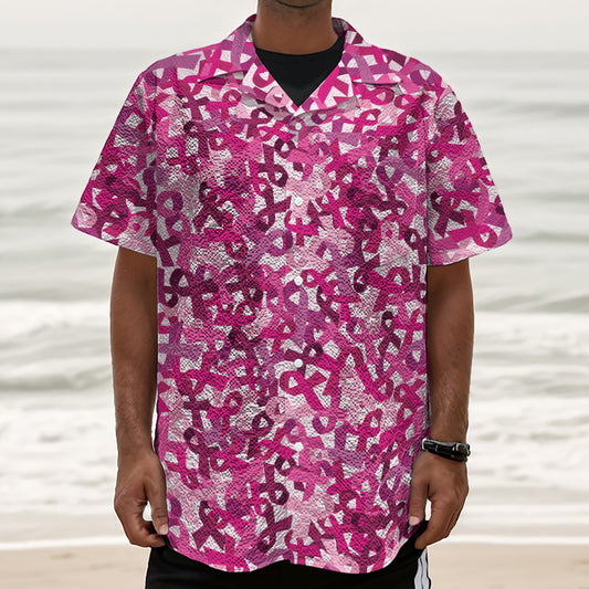 Breast Cancer Awareness Symbol Print Textured Short Sleeve Shirt