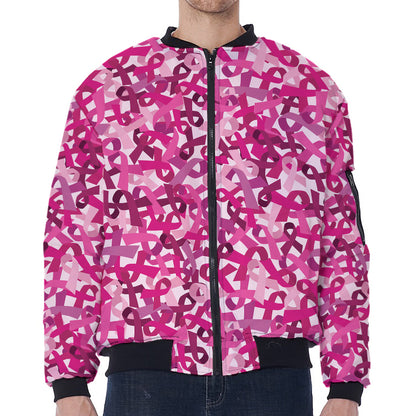 Breast Cancer Awareness Symbol Print Zip Sleeve Bomber Jacket
